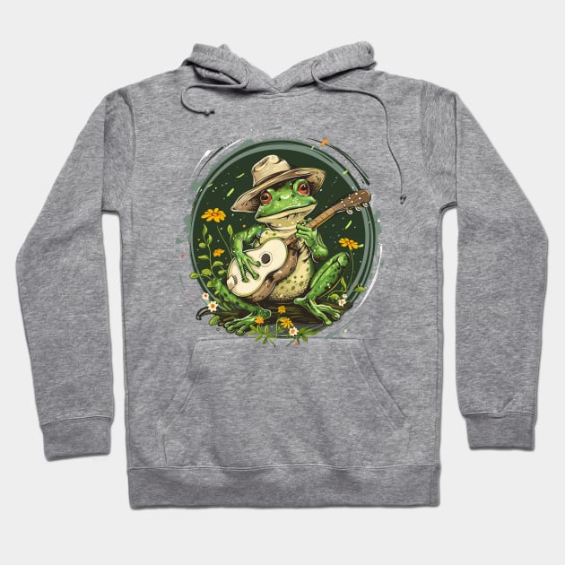 Cottagecore Cute Frog Playing His Acoustic Guitar Frog Lover Hoodie by RetroZin